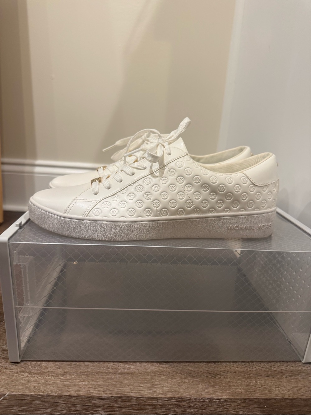 Michael Kors Ivory White Logo-Embossed Leather Sneakers